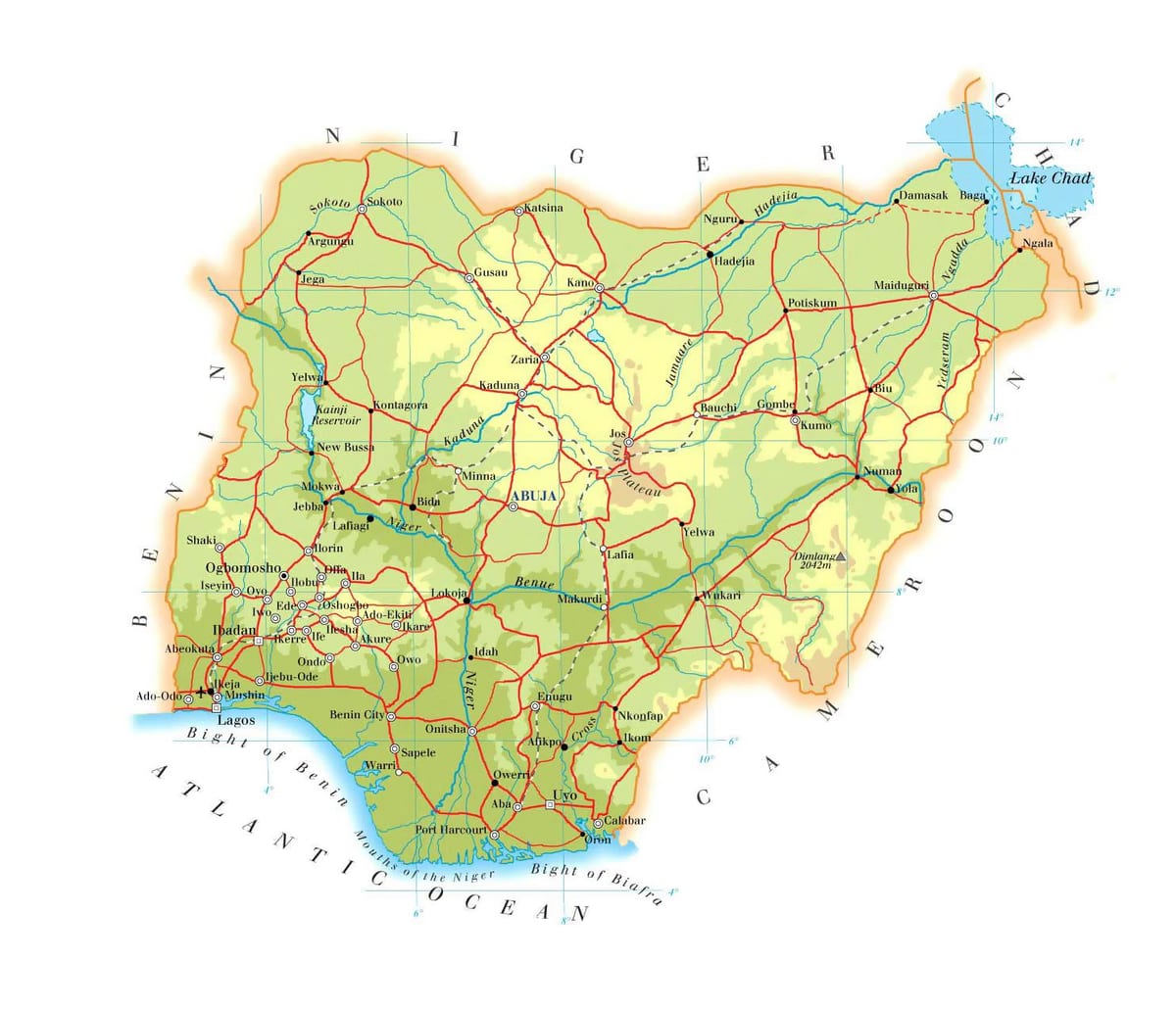 Mapa fizički nigeriji