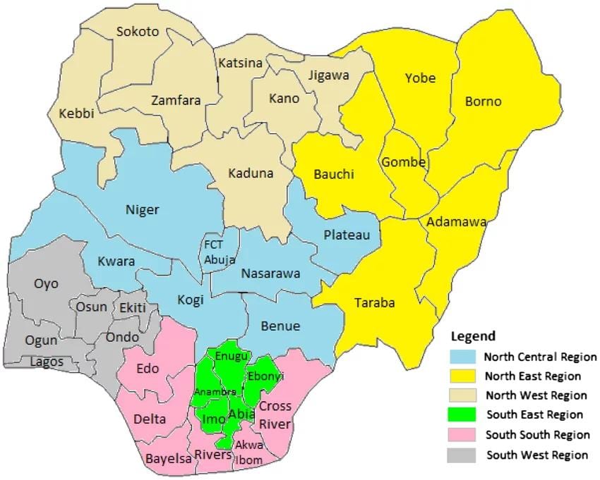 Karta iz nigerije pokazuje geopolitički zonama