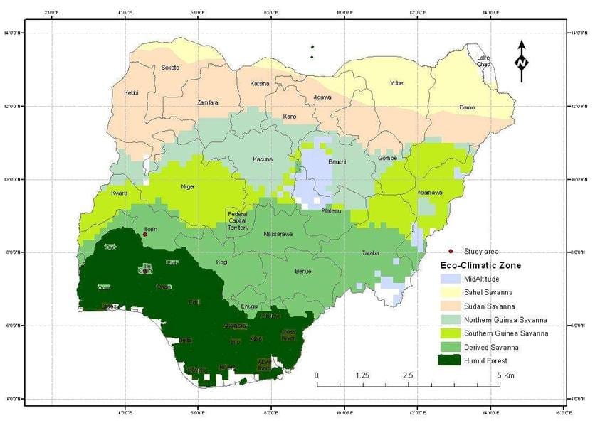 Karta iz nigerije pokazuje klimatski zoni