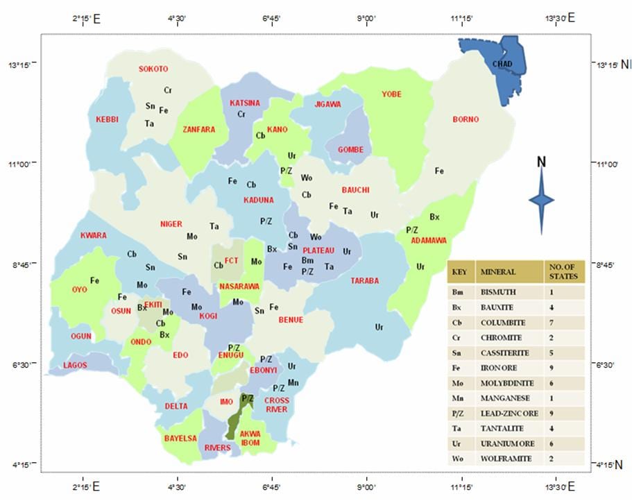 Karta iz nigerije pokazuje mineralna resursa