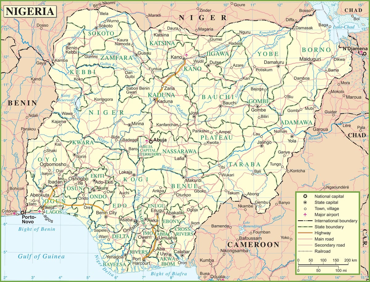 karta iz nigerije pokazuje glavnih puteva