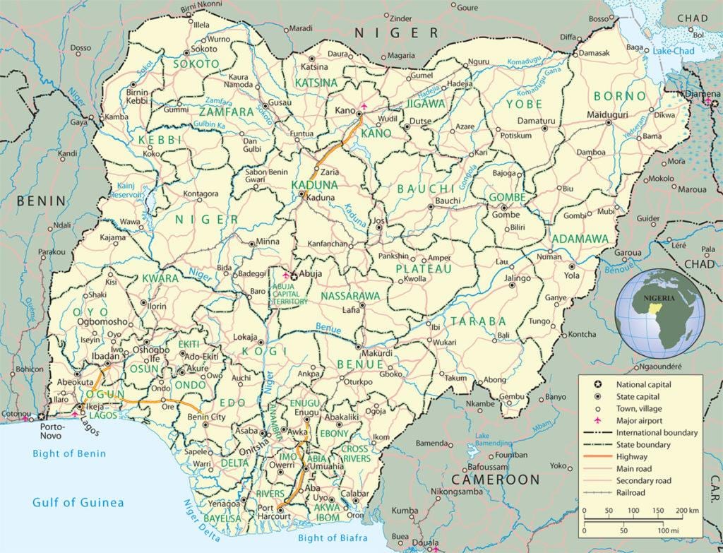 karta iz nigerije pokazuje države i gradove